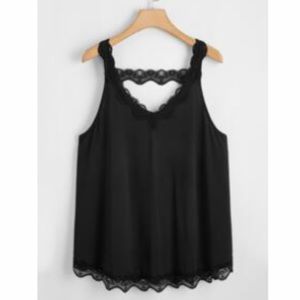 Black Lace Trimmed Tank with Cut Out Back Design